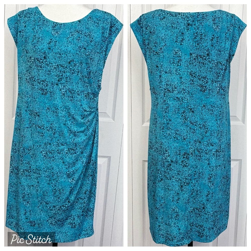 Chaus Turquoise Blue & Black Print Cap Sleeve Side Ruched Sheath Dress XL